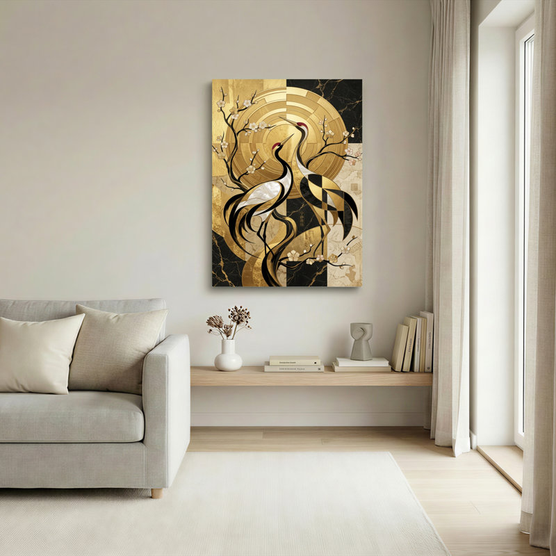 Golden Cranes, reproduction d'art sur toile, ensemble de 1, 40"H x 28"W, Wrapped Canvas