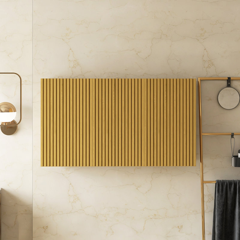Armoire de salle de bain murale à rayures, avec portes, tablette et compartiment de rangement ouvert, couleur chêne doré
