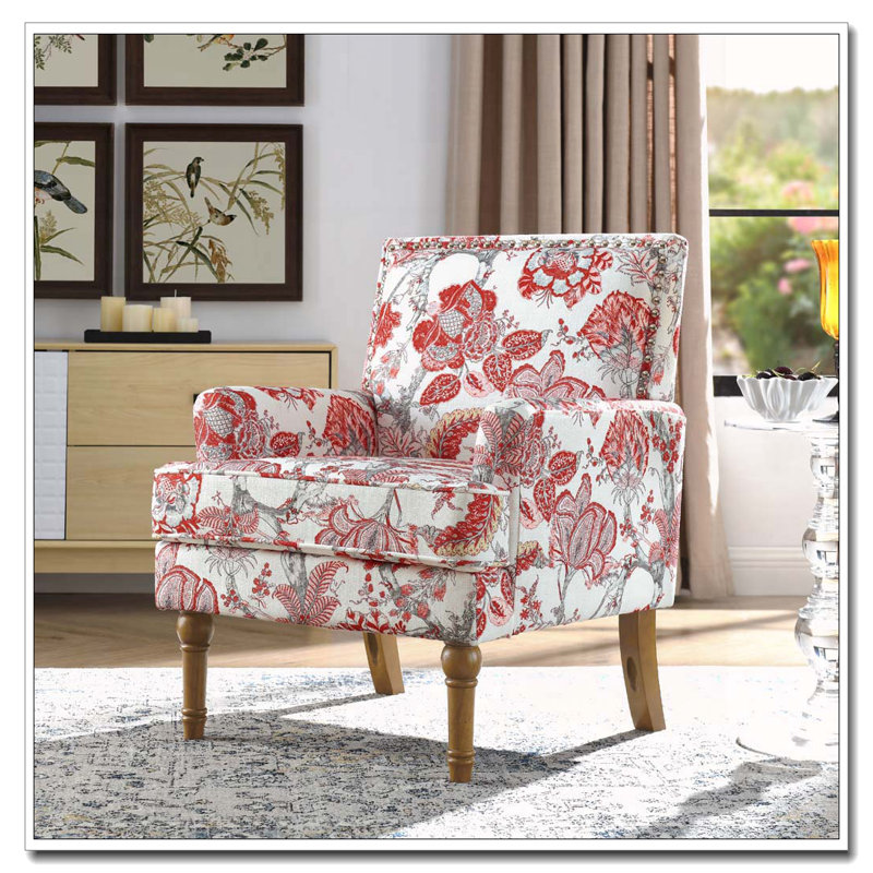 Accent Chair, Floral Upholstery, Nailhead Trim, Solid Wood Legs, Red