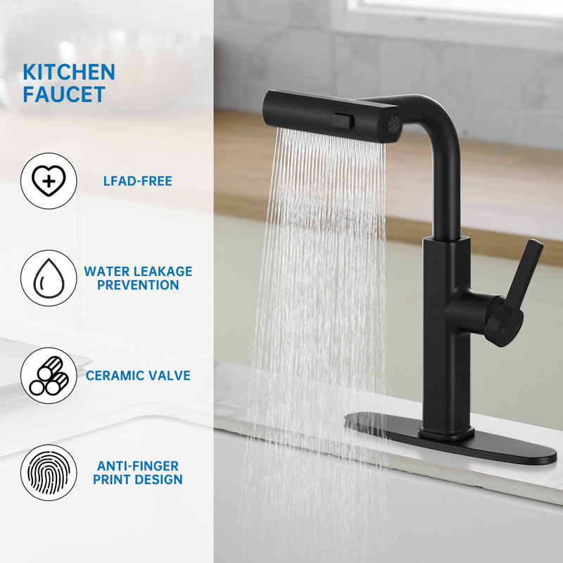 Robinet de cuisine noir mat moderne avec bec cascade et levier pivotant à 360 degrés