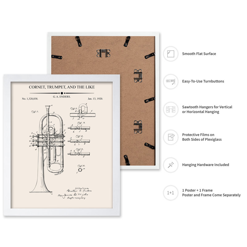 Trompette Blueprint No1, Poster, White Framed, 08"H x 10"W