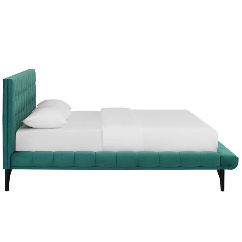 Julia Queen Biscuit Tufted Upholstered Fabric Platform Bed, Teal Plainweave