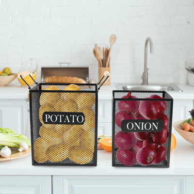 Set of 2 Potato and Onion Storage Bin, Metal Mesh Onion and Potato Baskets with Wooden Handle