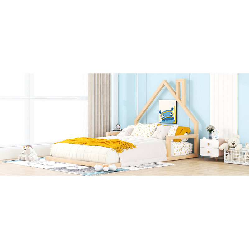 Natural Full Bed With Appealing House-Shaped Headboard - Solid Pine Wood + , Strong, No Box Spring, Assembly Steps Construction Size