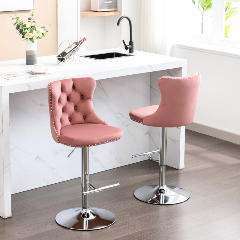 Rose réglable, de 2, revêtement en velours, hauteur du siège 25 - 33 pouces, dossier pour un repos douillet, base de pub à la maison et îlot de cuisine, boutons tirés à la main, têtes de clou en pouces, confort élégant, base, pour