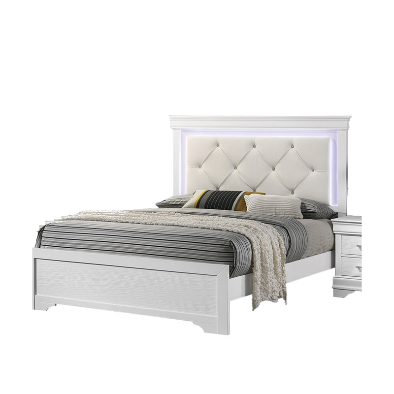 Lit en similicuir blanc, grand lit avec DEL intégrée, capitonnage à boutons et lit de chambre contemporain en cuir, design, éclairage à DEL en bois massif pour