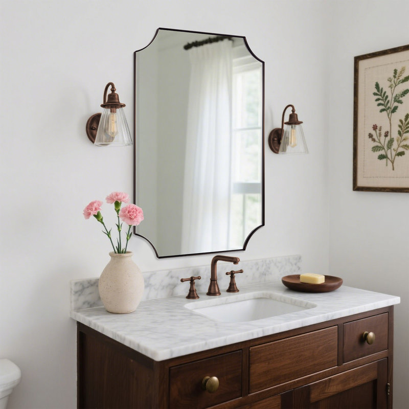 Tariro Contemporary Notched Corner Scalloped Rectangle Bathroom Vanity Mirror | Stainless Steel Frame, 36" x 24"