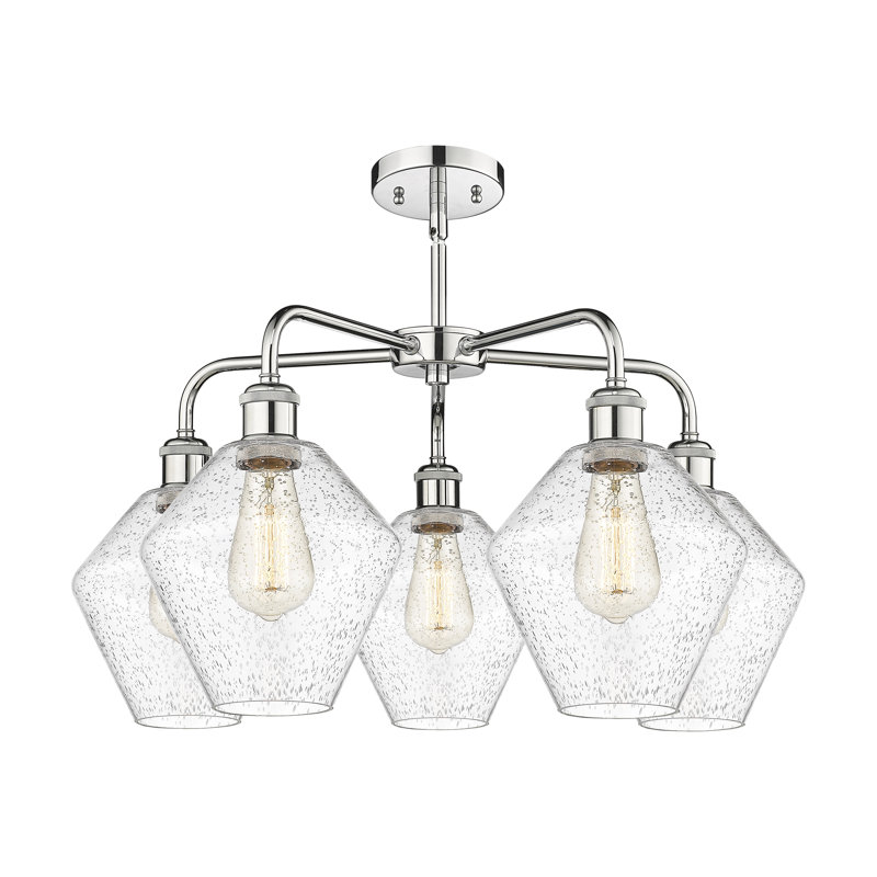 5 - Light Dimmable Teardrop Chandelier, Seedy, Polished Chrome