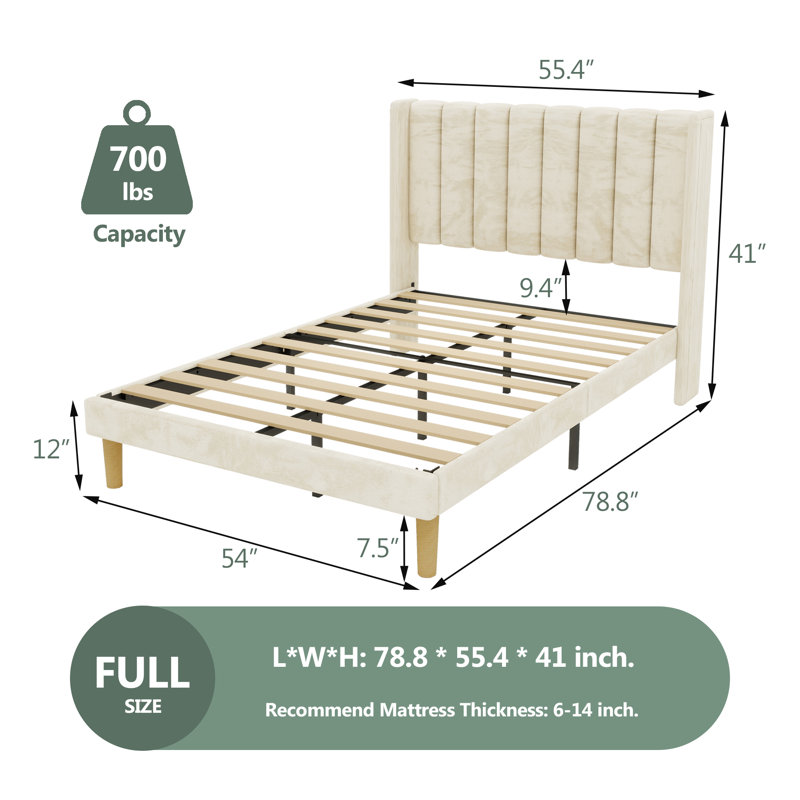 Lit plateforme tapissier à profil bas Sutter, Double, Beige