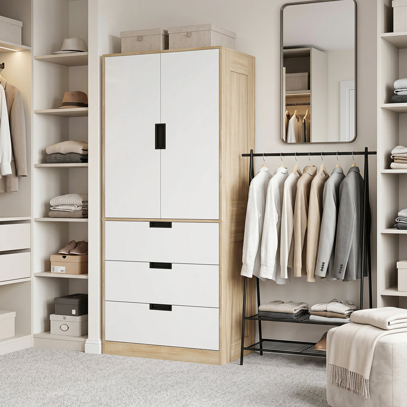 HOMCOM Modern Clothes Storage Cupboard Unit with Hanging Rod, Oak
