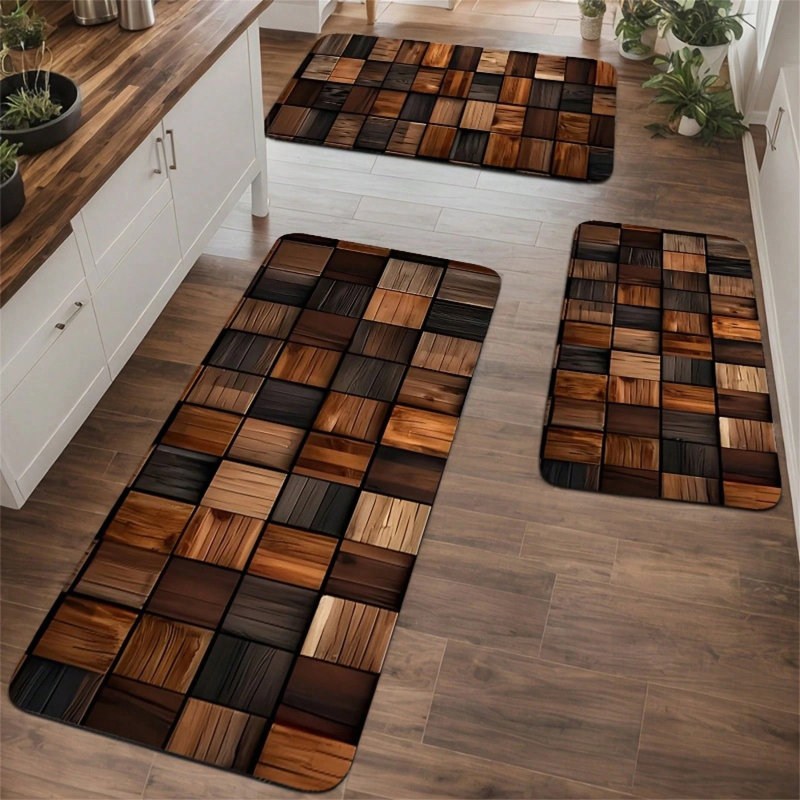 Ensemble de tapis de cuisine en grain de bois rétro 1Pc - Tapis de sol en flanelle douce, antidérapante et facile à nettoyer