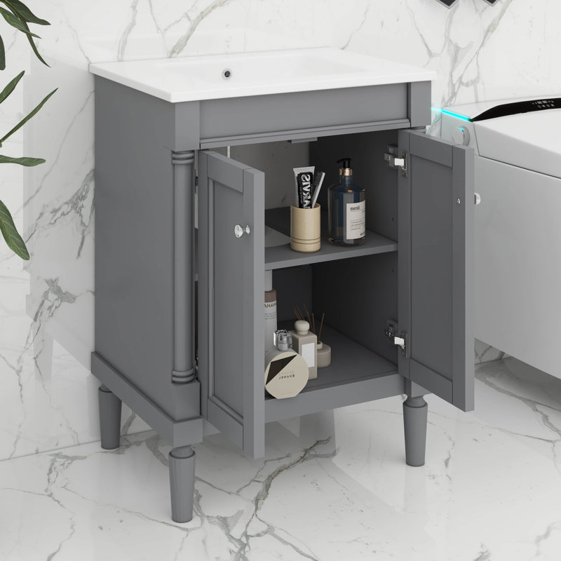 Meuble-lavabo 24 po avec lavabo supérieur, meuble de rangement moderne à 2 niveaux, Gris