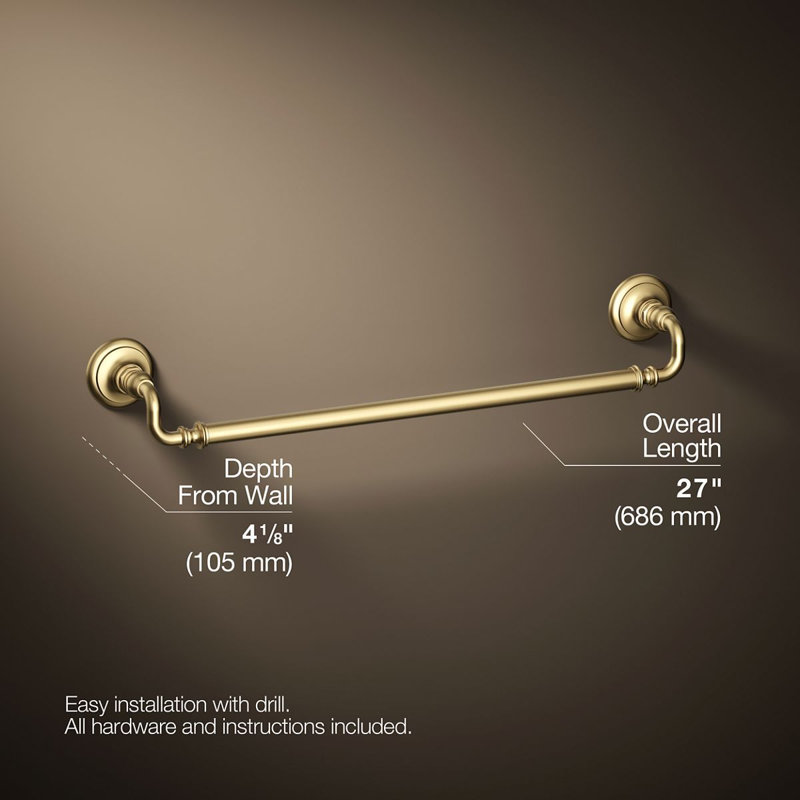 Artifacts® Wall Mounted Towel Bar, Vibrant Brushed Moderne Brass, 3" H x 27" W x 3.5" D