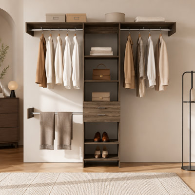 Cross Closet System, One Drawer, Three Metal Rod, Five Open Shelves