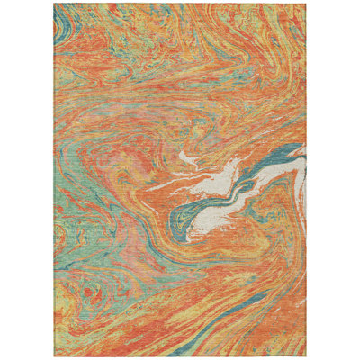 3' X 5' Orange Green And Beige Abstract Washable Indoor Outdoor Area Rug