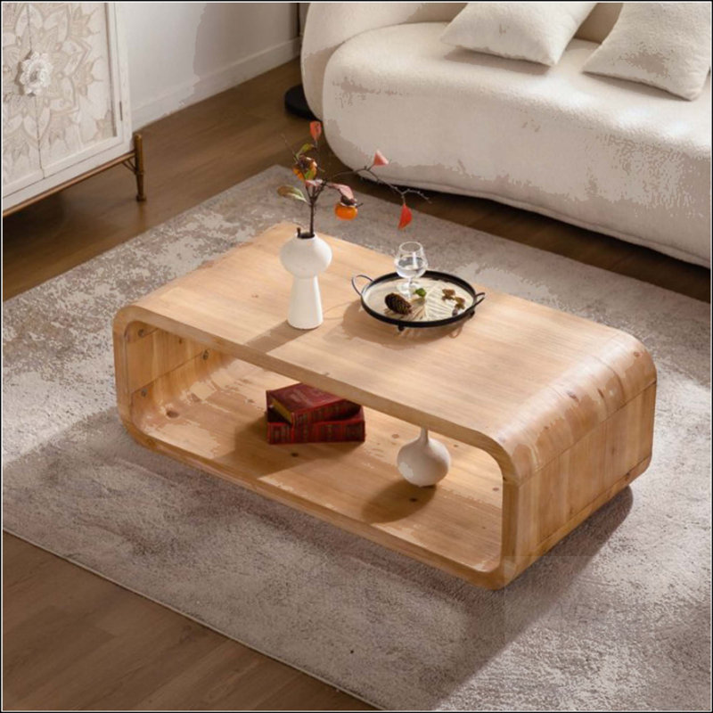 Table basse en forme d'hippodrome avec rangement ouvert, finition bois clair