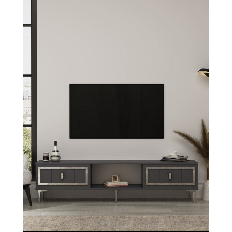 Meuble télé moderne, anthracite et argent, 59,1 po x 17,6 po x 11,6 po | 100% panneau de particules enduit de mélamine, épaisseur: 0,7 pouce | Conception murale, élégante et fonctionnelle pour les salons et les espaces de divertissement
