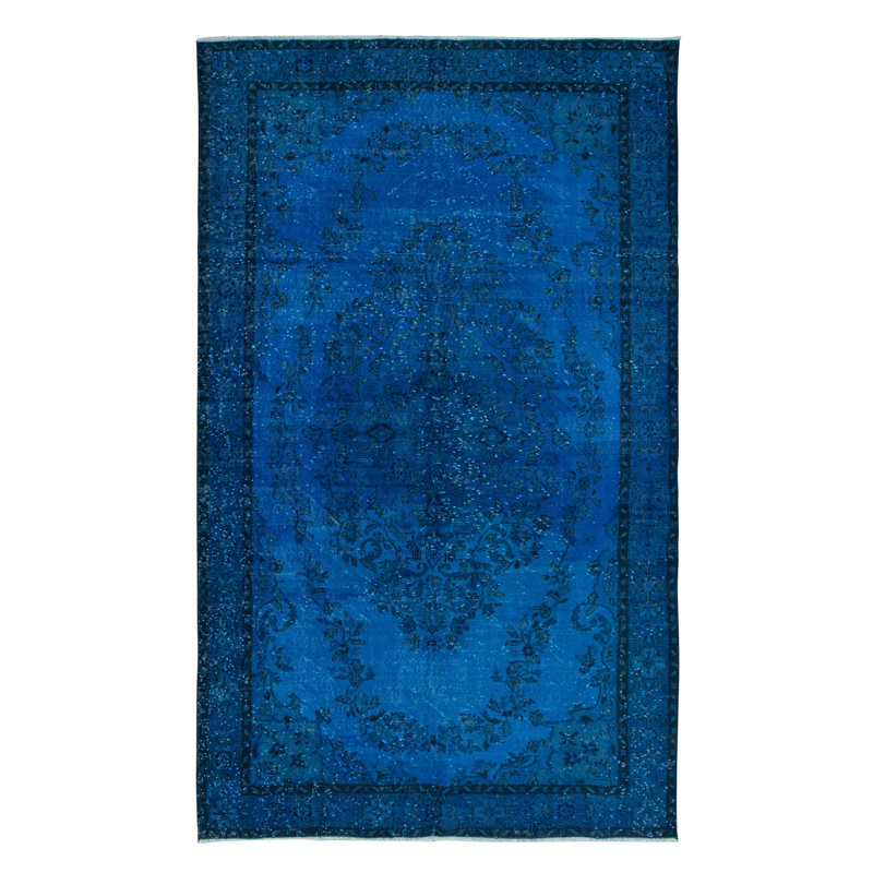 Tapis moderne égyptien bleu 6,2 x 10,2 pi avec motif en médaillon, tissé et noué à la main en Turquie