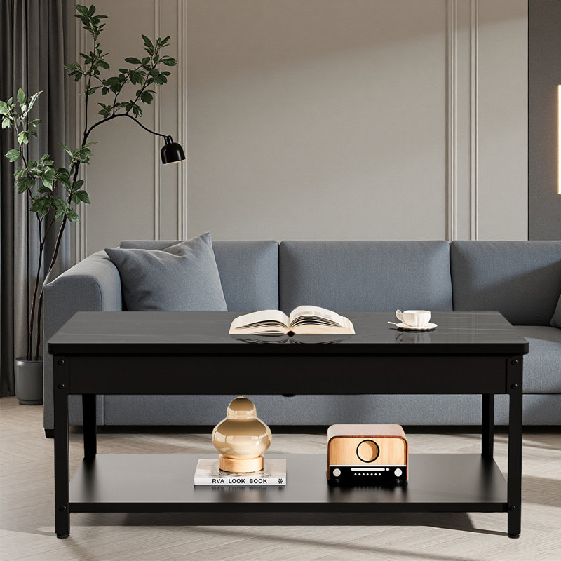 Table basse rectangulaire à double couche avec compartiment de rangement caché et verrou d'empreintes digitales., Noir