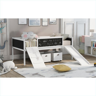 Kids Bedroom Twin Size Solid Wood Platform Loft Bed, White Finish With Climbing Features And Two Storage Boxes
