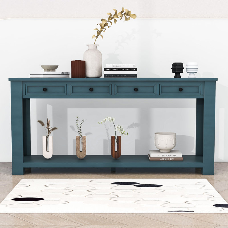 Console / canapé avec tiroirs de rangement et tablette inférieure pour le vestibule, Bleu rétro