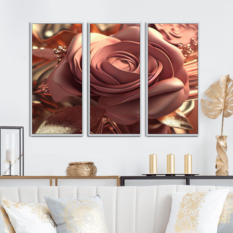 Liquide or et fleurs modernes roses V - 3 pièces sur toile, H 28 po x l 36 po x P 1 po, Toile avec cadre blanc