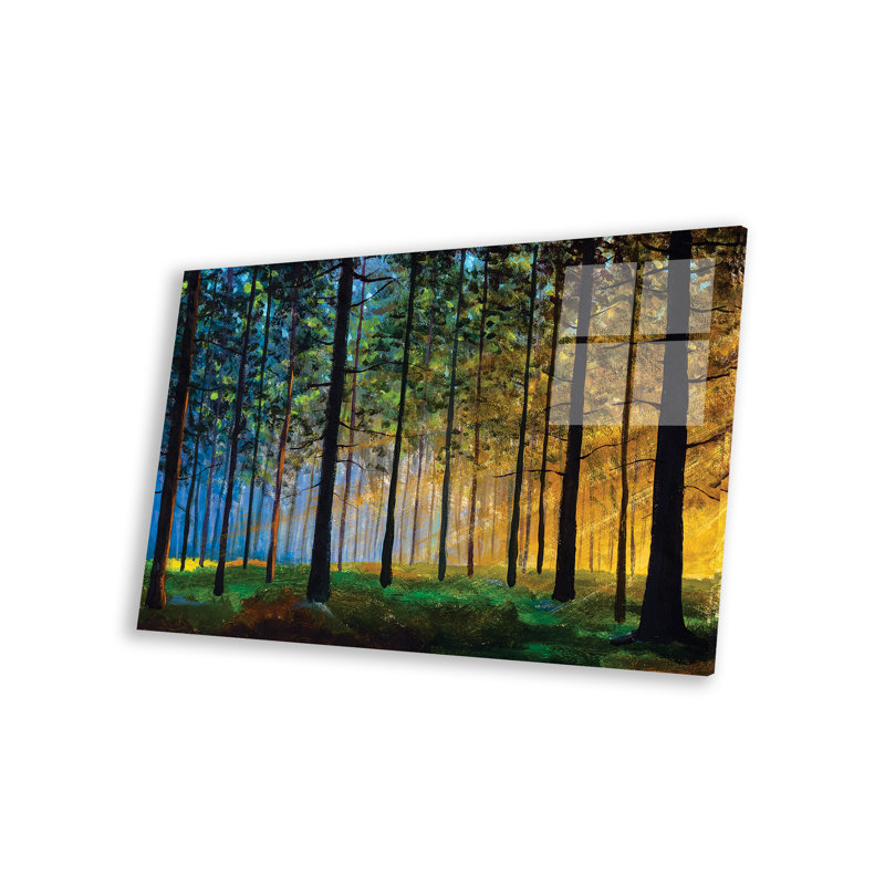 Soleil se glissant à travers une forêt, impression sur paysage de verre acrylique