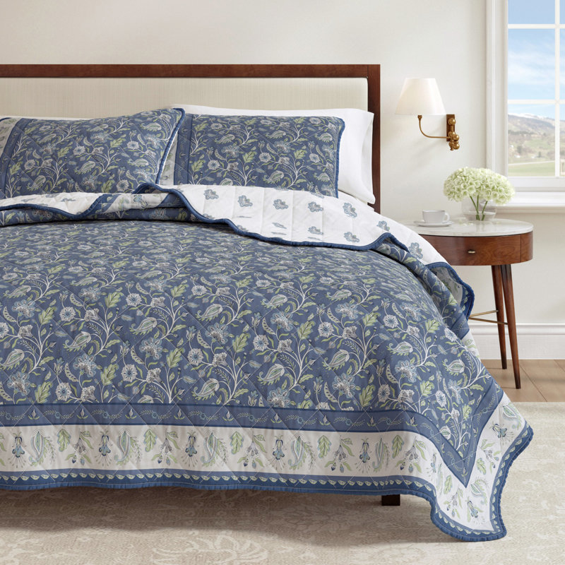 Ensemble de courtepointe à bordure florale en coton, Motif floral bleu, Courtepointe pour lit simple + 1 taie décorative 