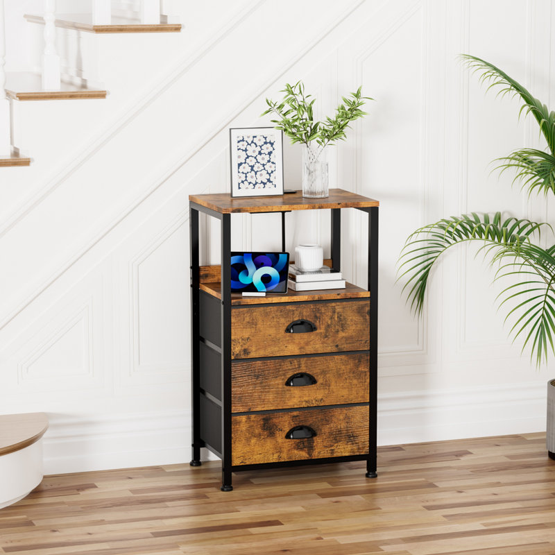 Nightstand With Charging Station, Night Stand With 3 Fabric Drawers, Side Table With Tamper-Resistant Outlets, USB And Type C Port, End Table For Bedroom,(Black Oak)