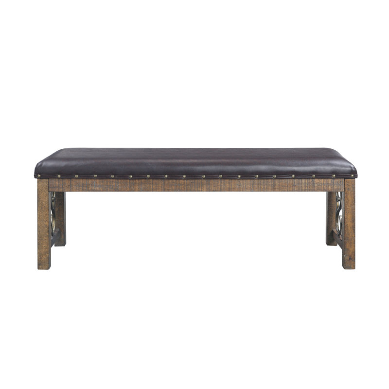 Banc en cuir synthétique noir et finition cerisier vieilli