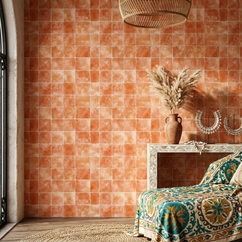 Papier peint carreaux de céramique terre cuite orange, Peler et coller