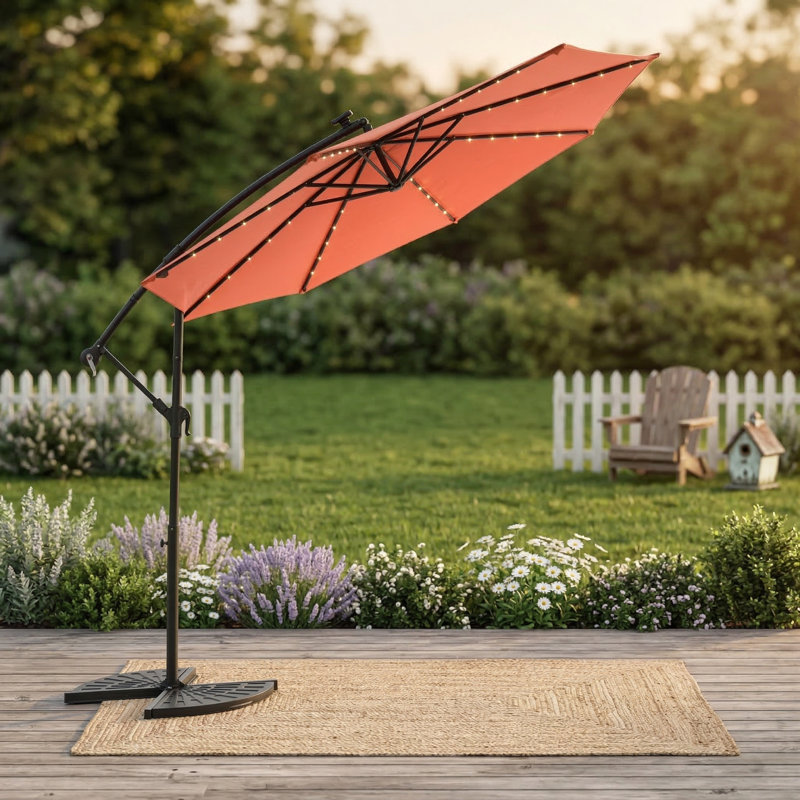 Parasol de marché suspendu à DEL 10 pieds à énergie solaire (couleur orange, base exclue), Orange