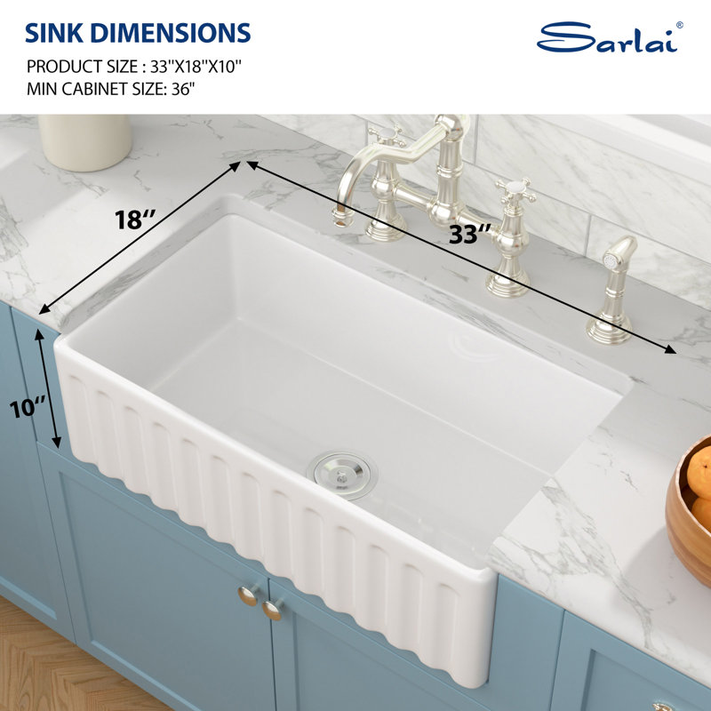 33"L X 18"W Farmhouse Kitchen Sink Reversible Apron Front White Ceramic Single Bowl Farmer Sinks