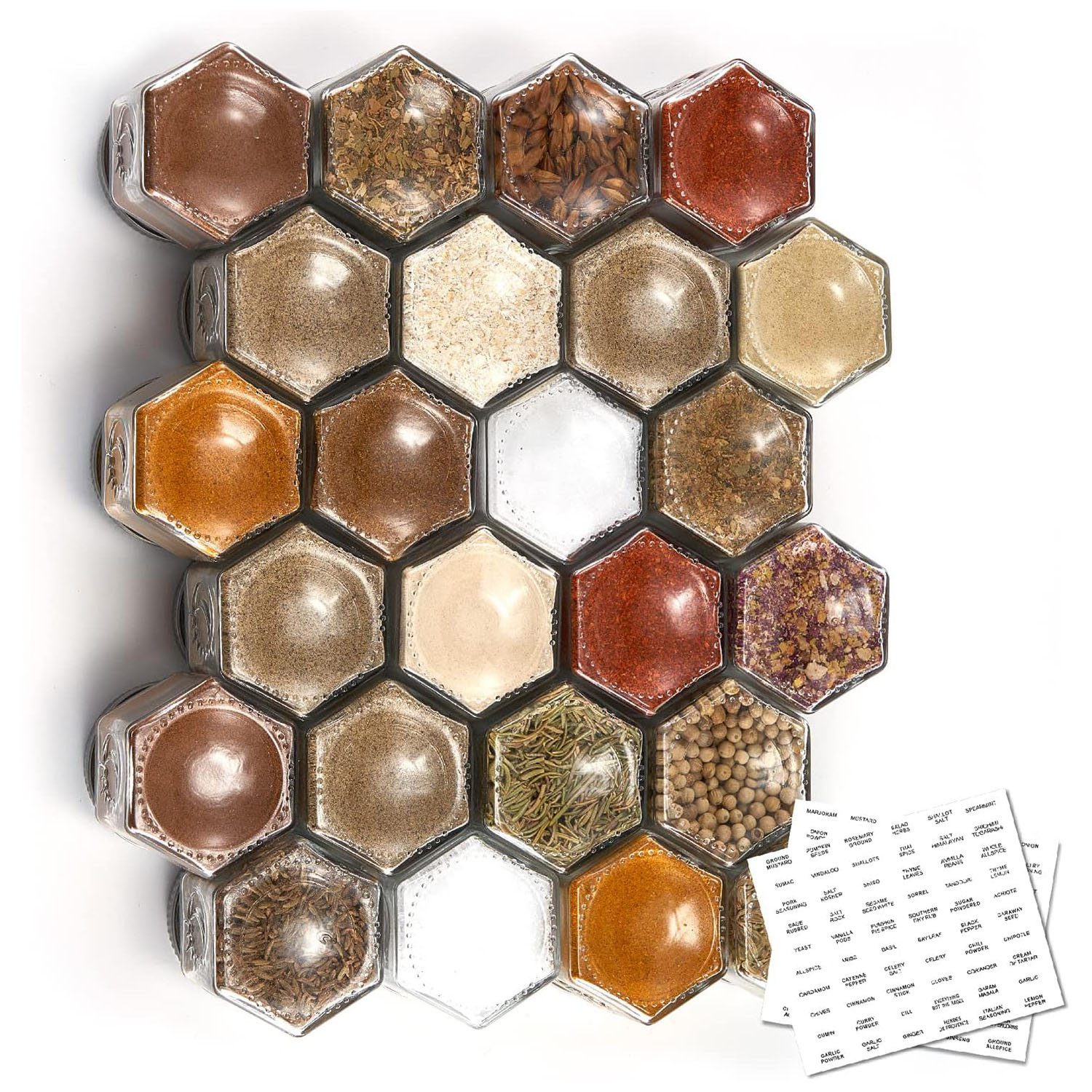Set of 24 Hexagon Glass Spice Jars with Shaker Lids & Labels