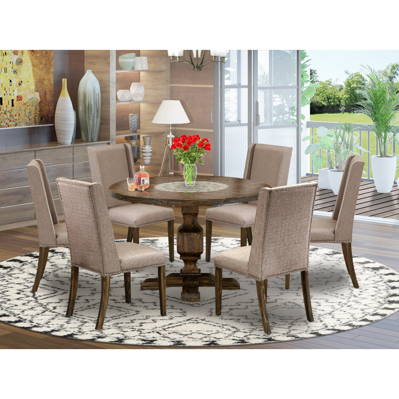 Ensemble de table de salle à manger 7 pièces composé d'une table ronde en bois avec piédestal et 6 chaises parsons en tissu kaki foncé