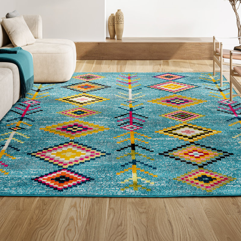 Tapis bleu clair / multicolore Bosswick, Rectangle 5 pi 3 po x 7 pi 6 po