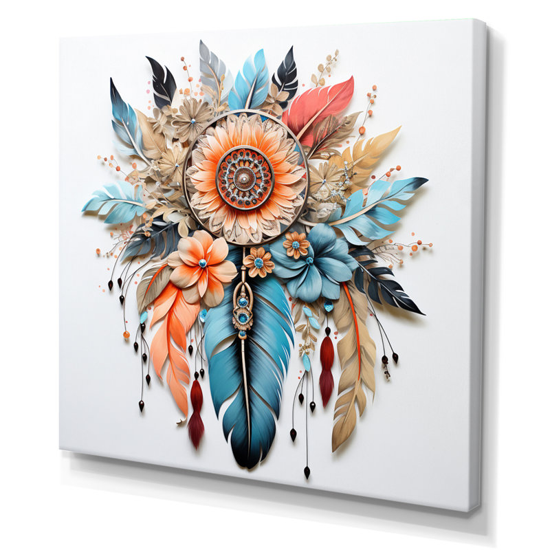 «Orange Boho Flowers And Blue Feathers I», reproduction sur toile, H 16 po x l 16 po x P 1 po, Toile tendue