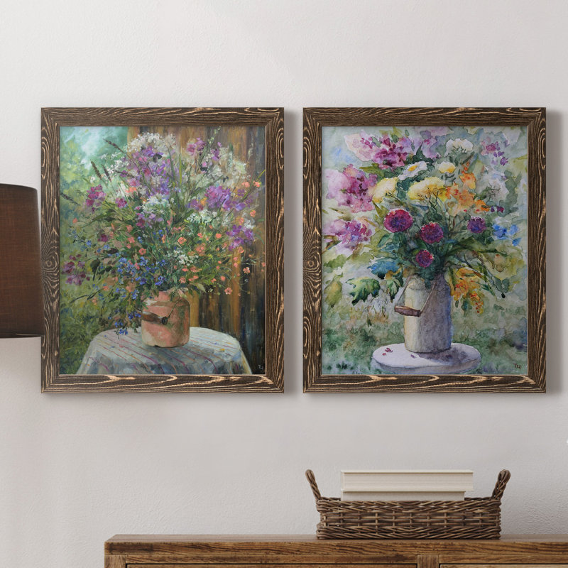 Farmhouse Bouquet - ensemble de 2 reproductions d'art, H 20 po x l 17 po x P 1 po, Toile avec cadre en noyer, Pas de tapis