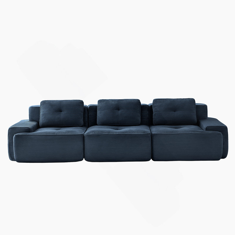 Canapé modulaire moderne de 117 pouces, tissu en velours côtelé, canapé 3 places surdimensionné avec assise profonde, passepoil perlé, conception capitonnée, connexion par boucle, sans assemblage, conception antidérapante, bleu