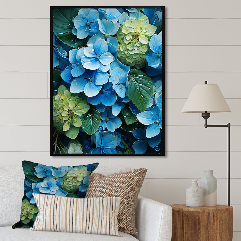 «Méticuleusement rendu hortensia fleurs I», reproduction sur toile, Cadre flottant noir, H 32 po x l 16 po x P 1 po