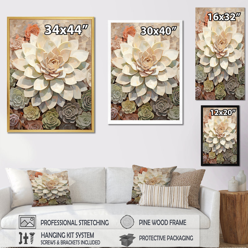 Beige succulent «Soft Bloom IV», art mural sur toile, Cadre flottant blanc, H 32 po x l 24 po