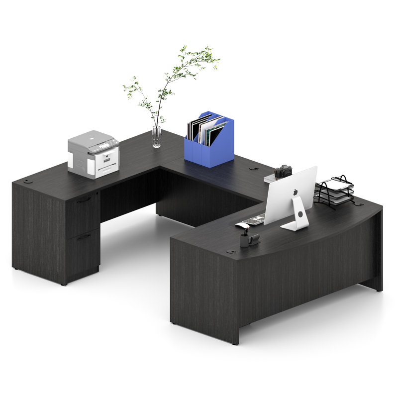 U-Shaped Executive Desk With File Cabinets, Gray