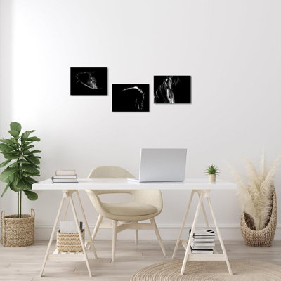 3 panneaux d'art mural en toile cheval noir et blanc avec peinture animalière à la ferme