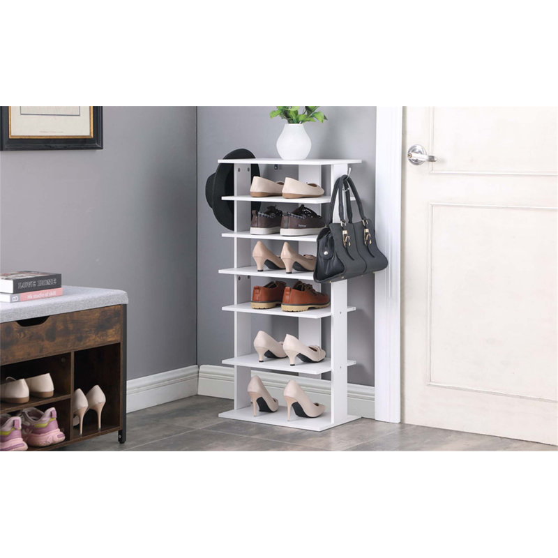 Range-chaussures vertical à 7 niveaux avec crochets, rangement compact pour les vestibules et les garde-robes, Blanc