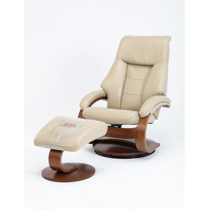 Beige Leather Swivel Recliner with Walnut Base and Ottoman