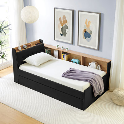 Lit de jour simple en velours à hauteur ajustable avec tête de lit et chargement sans fil, lit de jour multifonctionnel avec lit gigogne et lumières à DEL, noir