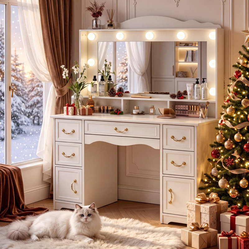 Large Makeup Vanity Desk With 3-color Lighting Mirror and 5 Drawers, Wood French Country Modern Farmhouse White Dressing Table With Charging Station, Makeup bedroom Vanity with Storage Cabinet, White