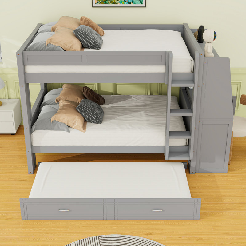 Lit superposé double au-dessus de double avec bureau, tablettes et lit gigogne, gris