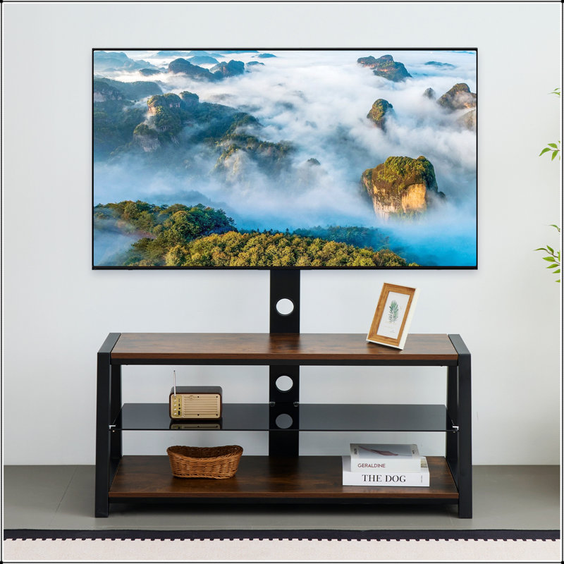 Meuble télé réglable en bois avec verre trempé noir et support pivotant universel, parfait pour les centres de divertissement modernes.