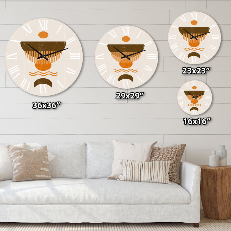 Abstrait abstrait soleil orange minimal et lune brune - horloge murale moderne, Moyenne